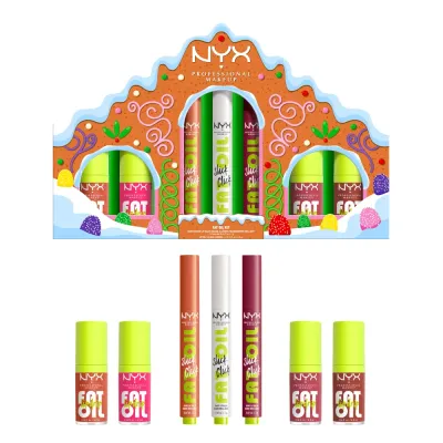 NYX Professional Makeup Zestaw do makijażu ust, 7 produktów - Набор для губ NYX Holiday Fat Oil три масла-блеска и четыре бальзама с увлажнением 7 предметов