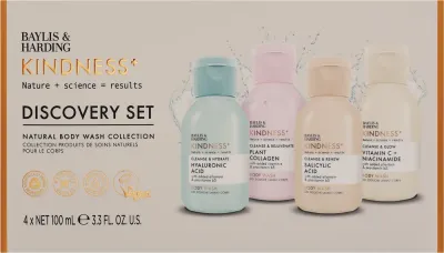 Набор гелей для душа Baylis & Harding Kindness+ четыре геля с гиалуроновой кислотой коллагеном и витамином С 4x100 мл