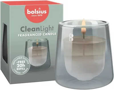Набор Bolsius CleanLight подсвечник из двухслойного стекла и ароматическая свеча кипарис и амбра