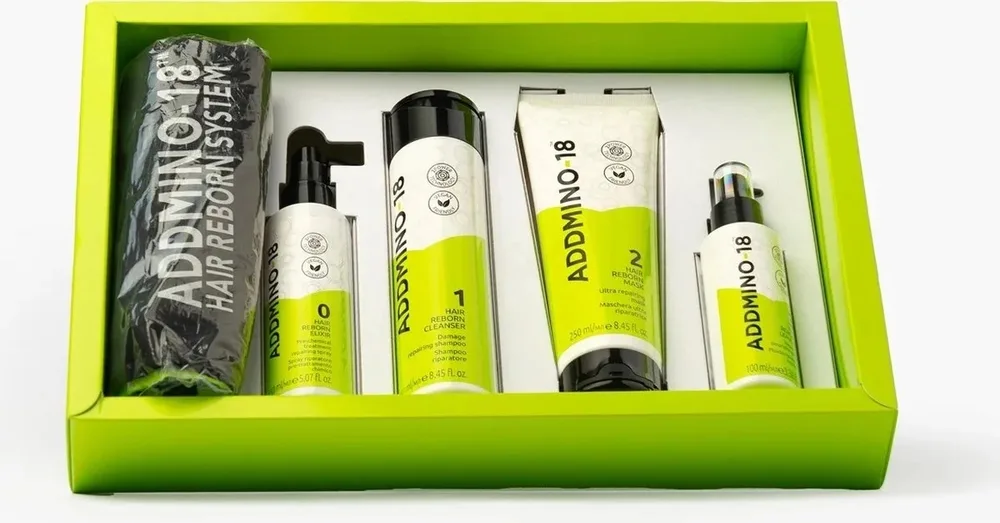 Набор Addmino-18 Hair Reborn эликсир 150 мл шампунь 250 мл маска 250 мл и несмываемый кондиционер 100 мл