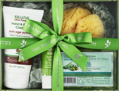 Набор Kalliston Gift Box оливковое мыло крем для рук и тела бальзам для губ с маслом авокадо и губка 100 г+50 мл+5.2 г