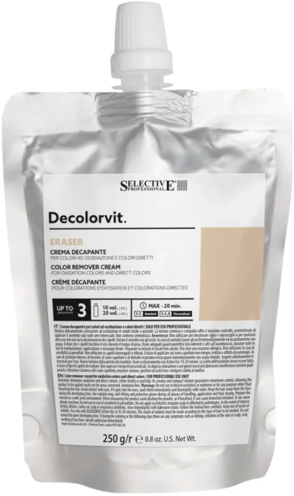 Selective Professional Selective Professional Decolorvit Eraser Pickling Cream - Крем для волос Selective Decolorvit Eraser для удаления краски и пигмента, без аммиака, осветление до 3 тонов, с протеинами кукурузы, 250 г