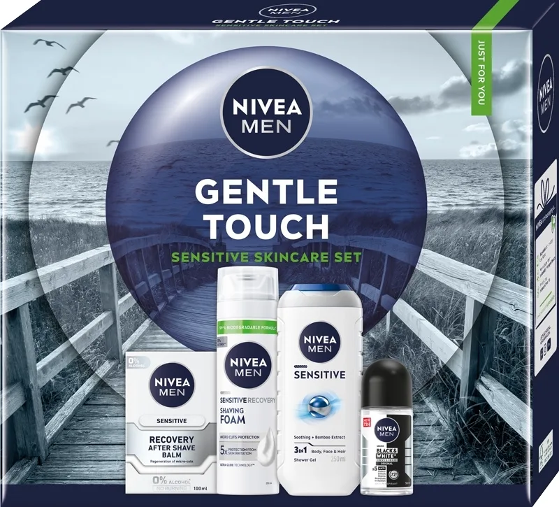 Мужской набор NIVEA Men Gentle Touch пена бальзам дезодорант и гель для душа с ромашкой для чувствительной кожи