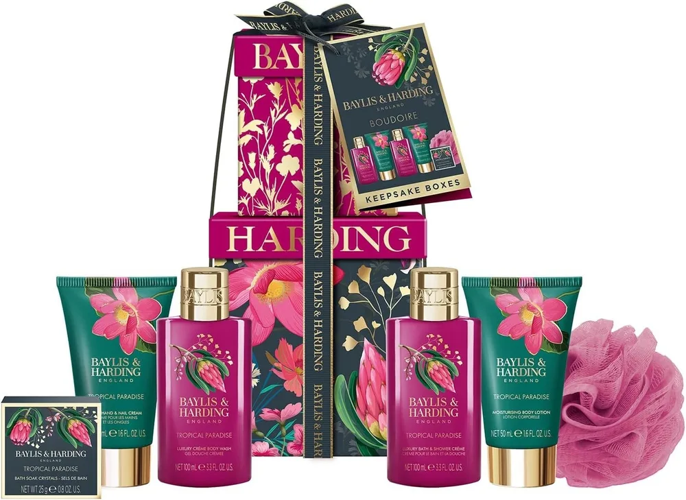 Набор Baylis & Harding Boudoire Tropical Paradise гель 100 мл лосьон 50 мл крем для душа 100 мл крем для рук 50 мл кристаллы 25 г и мочалка