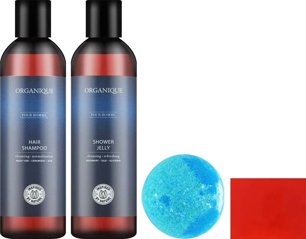 Мужской набор Organique Pour Homme шампунь гель для душа мыло и бомбочка для ванны с растительными маслами 250+250 мл+100+70 г