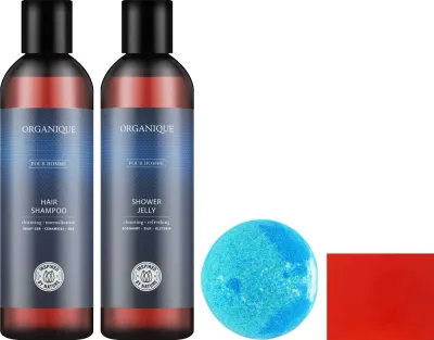 Мужской набор Organique Pour Homme шампунь гель для душа мыло и бомбочка для ванны с растительными маслами 250+250 мл+100+70 г