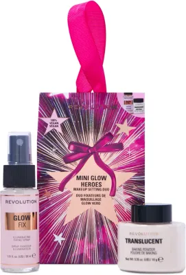 Набор для фиксации макияжа Makeup Revolution Mini Glow Heroes с эффектом сияния, пудра 10 г и спрей 30 мл