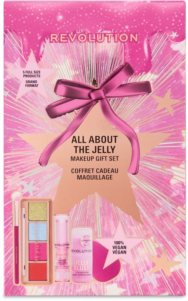 Набор для макияжа Makeup Revolution All About The Jelly желейный тинт для губ и щек палетка теней хайлайтер и кисть 6 предметов
