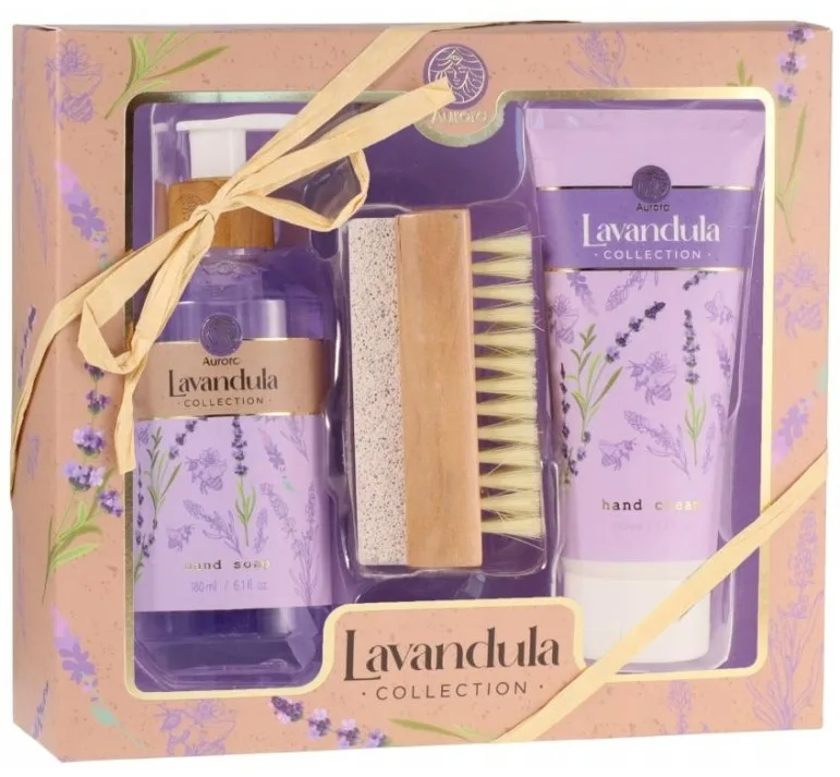 Набор Aurora Lavender Collection жидкое мыло для рук 180 мл крем для рук 100 мл и щетка для тела 2 в 1
