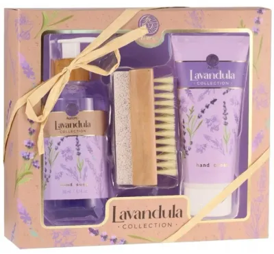 Набор Aurora Lavender Collection жидкое мыло для рук 180 мл крем для рук 100 мл и щетка для тела 2 в 1