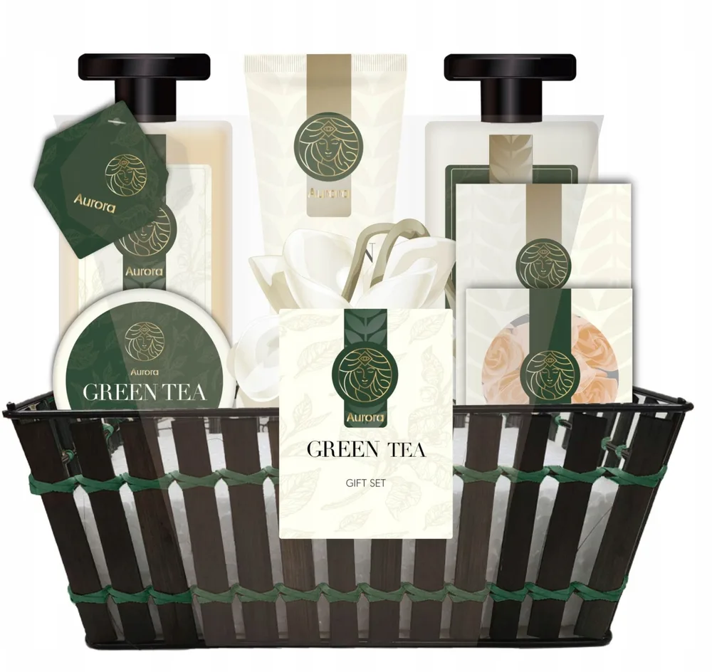 Набор Aurora Green Tea гель 250 мл бальзам 250 мл пена 200 мл крем для рук 120 мл соль 100 г скраб 50 мл мыльные лепестки губка и корзина