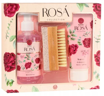 Набор Aurora Rose Collection крем для рук 100 мл жидкое мыло для рук 180 мл и щетка 2 в 1