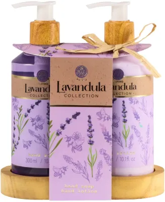 Набор Aurora Lavender Collection лосьон для рук 300 мл жидкое мыло для рук 300 мл и деревянная подставка