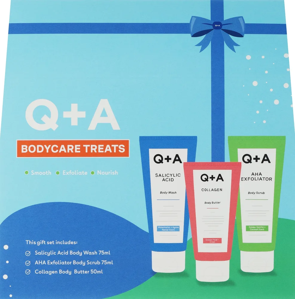 Набор для тела Q+A Bodycare гель для душа с салициловой кислотой скраб AHA и баттер с коллагеном 75+75+50 мл