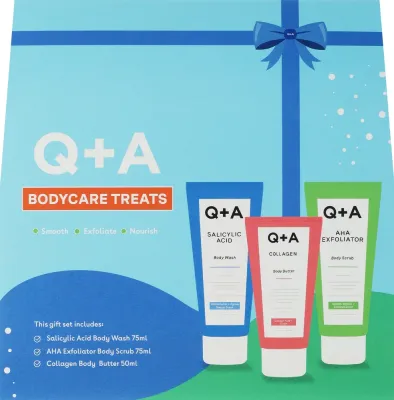 Набор для тела Q+A Bodycare гель для душа с салициловой кислотой скраб AHA и баттер с коллагеном 75+75+50 мл