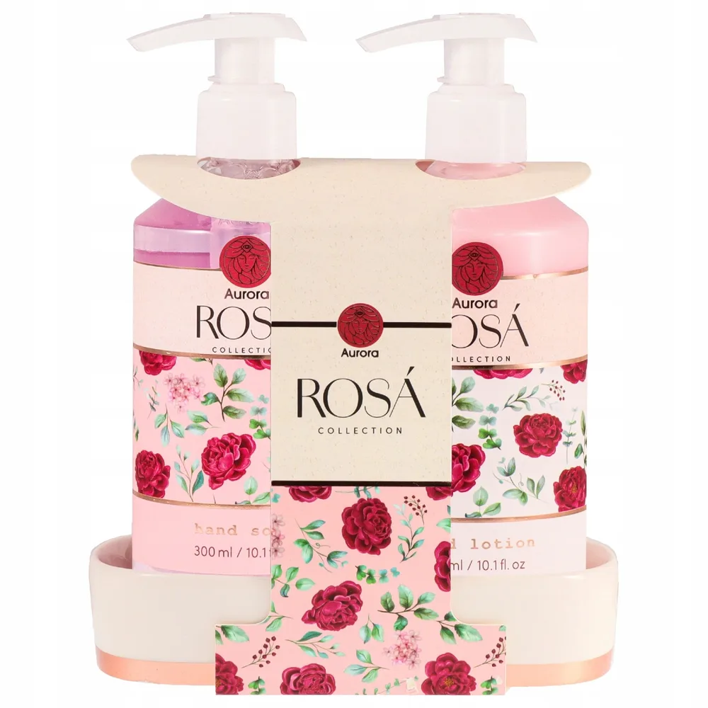Набор для рук Aurora Rosa жидкое мыло и лосьон с ароматом розы и керамический поднос 2x300 мл