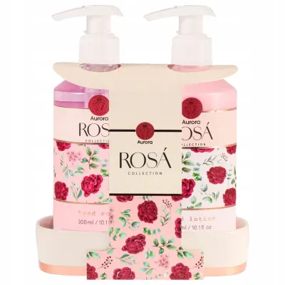 Набор для рук Aurora Rosa жидкое мыло и лосьон с ароматом розы и керамический поднос 2x300 мл