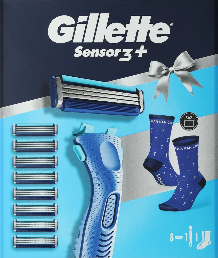 Мужской набор для бритья Gillette Sensor 3+ Comfort станок и восемь сменных кассет с носками