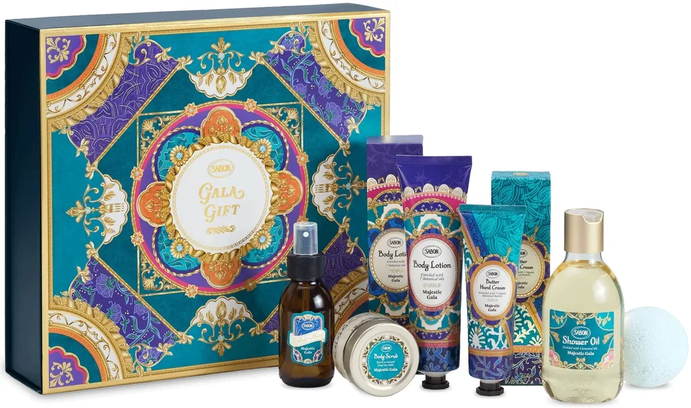 Набор Sabon Majestic Gala масло для душа 300 мл лосьон 150 мл скраб 60 г крем для рук 75 мл мист для текстиля 100 мл и шар для ванны