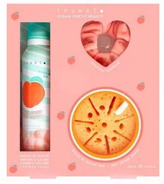 Набор Inuwet Coffret Bubble Peach пена для душа с ароматом персика 200 мл, спонж и резинка для волос
