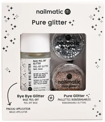 Набор Nailmatic Pure Glitter база для ногтей 8 мл блестки серебро и золото и кисть