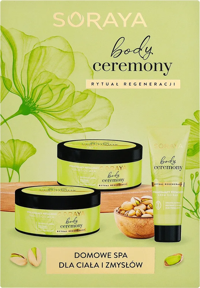 Набор для тела Soraya Body Ceremony Pistachio масло для тела крем для рук и сахарный скраб с фисташкой 200+50+200