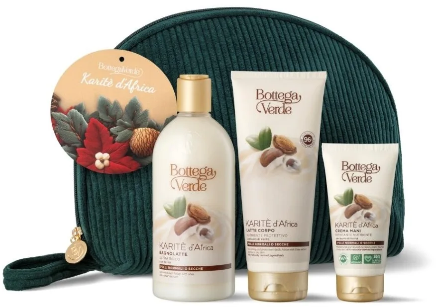 Набор Bottega Verde Karite d'Africa лосьон для ванны 400 мл лосьон для тела 200 мл крем для рук 75 мл и косметичка