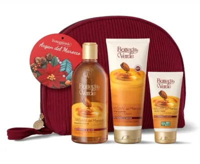 Набор Bottega Verde Argan Del Marocco гель для душа 400 мл лосьон для тела 200 мл крем для рук 75 мл и косметичка