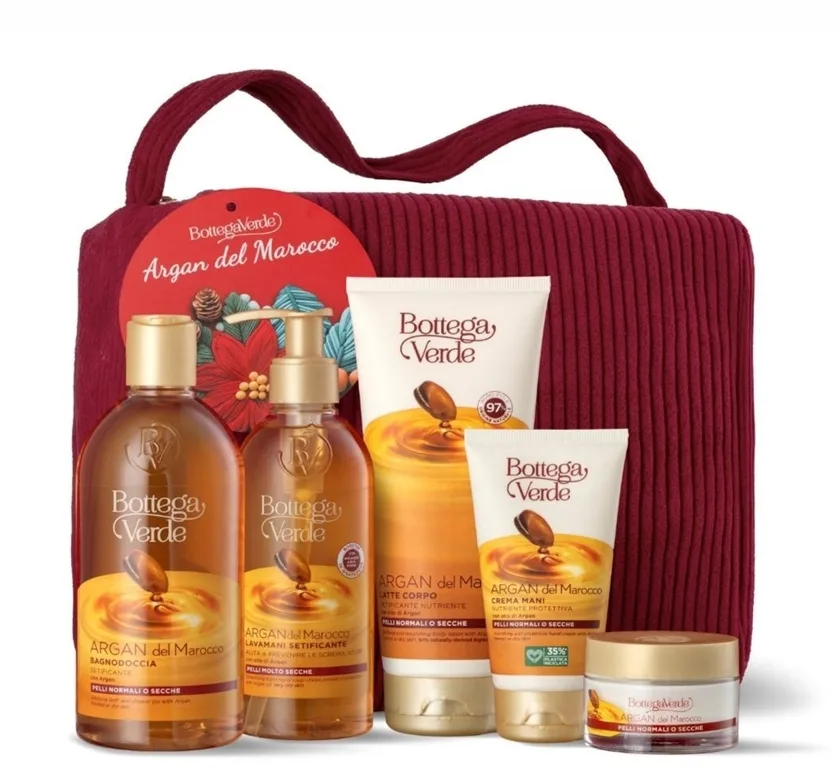 Набор Bottega Verde Argan Del Marocco гель 400 мл лосьон 200 мл крем для рук 75 мл жидкое мыло 250 мл крем для лица 50 мл и косметичка