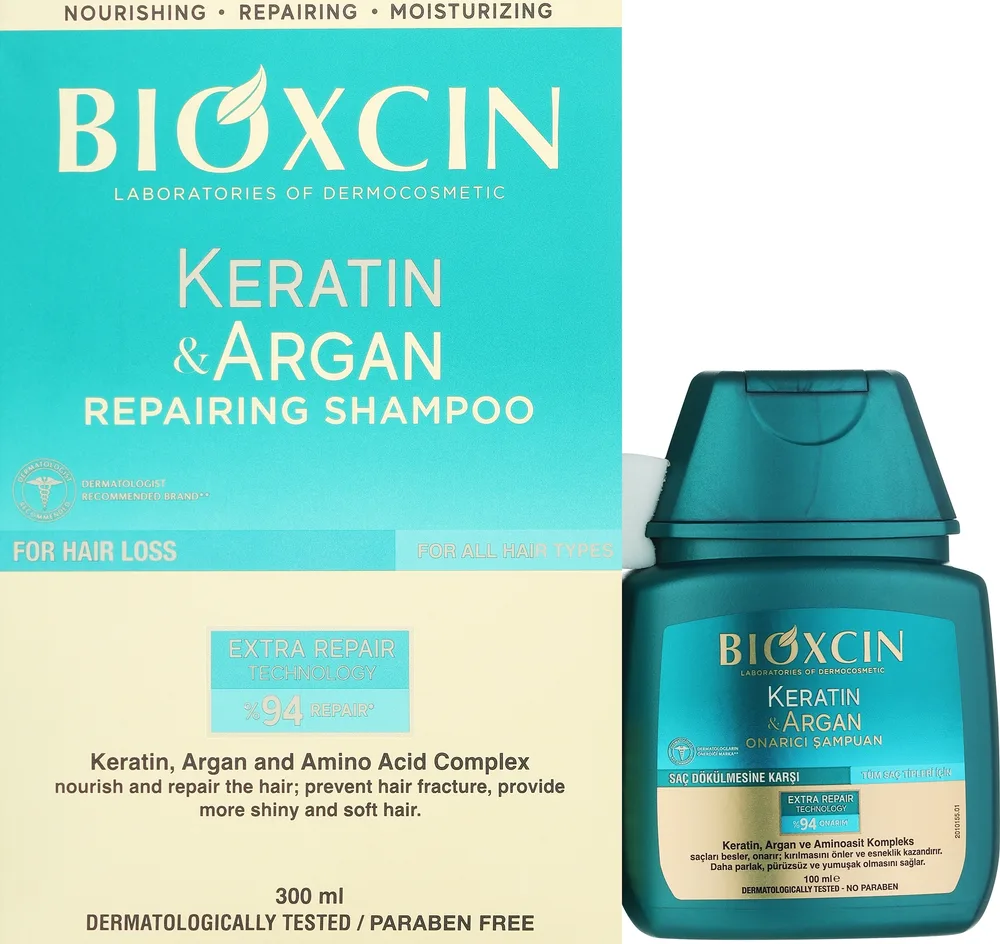 Набор шампуней Bioxcin Keratin & Argan с кератином и аргановым маслом для поврежденных волос 300+100 мл