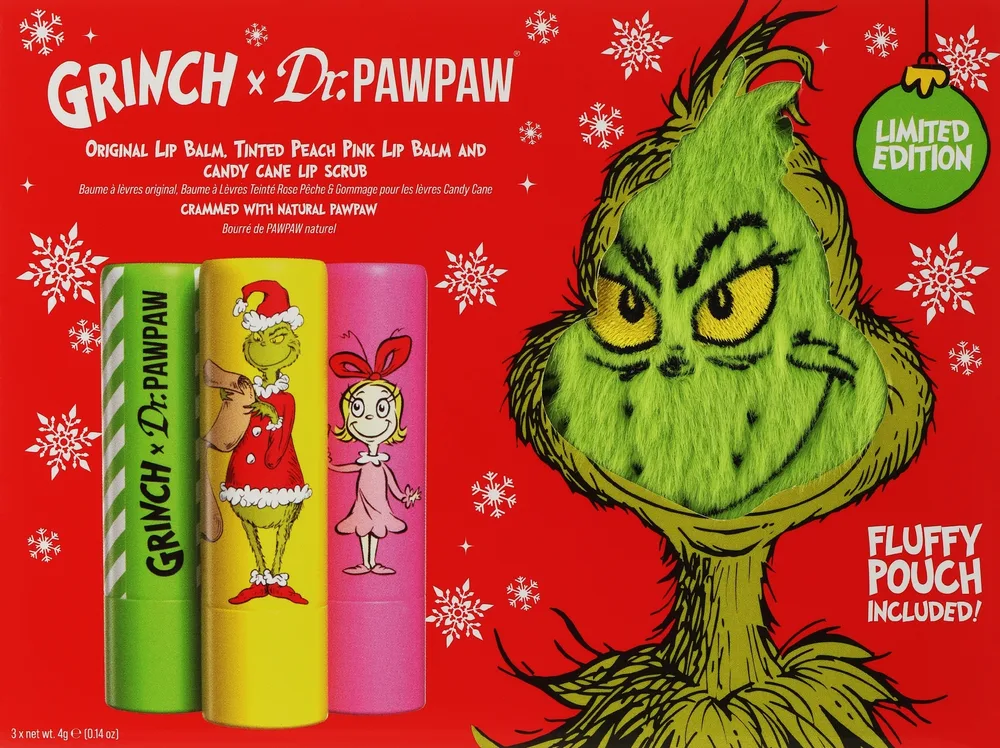 Набор для губ Dr. PAWPAW The Grinch и оттеночный бальзам и скраб для губ с косметичкой 3x4 г/ Доктор ПАВПАВ
