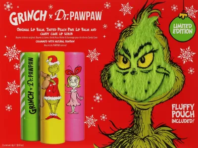 Набор для губ Dr. PAWPAW The Grinch и оттеночный бальзам и скраб для губ с косметичкой 3x4 г/ Доктор ПАВПАВ
