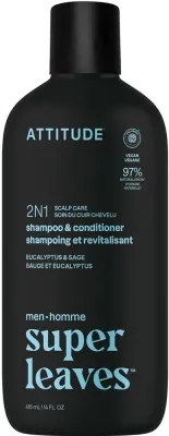 Шампунь для волос Attitude Super Leaves Men Eucalyptus and Sage 2 в 1 с кондиционером, для мужчин, 415 мл