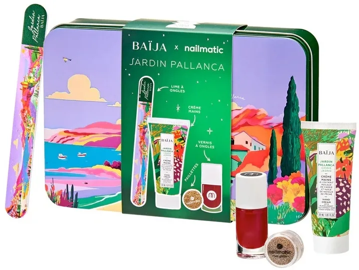 Набор BAIJA x Nailmatic крем для рук Jardin Pallanca 30 мл блестки для ногтей 3 г лак для ногтей бордовый Kate 8 мл и пилка