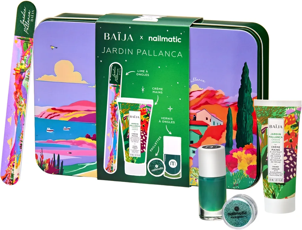 Набор BAIJA x Nailmatic крем для рук Jardin Pallanca 30 мл блестки для ногтей 3 г лак для ногтей изумрудный Miky 8 мл и пилка