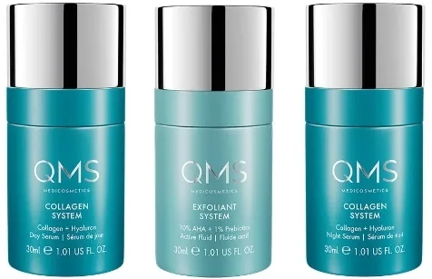 Набор для лица QMS Collagen дневная и ночная сыворотка с коллагеном и AHA-флюид уценка 3x30 мл