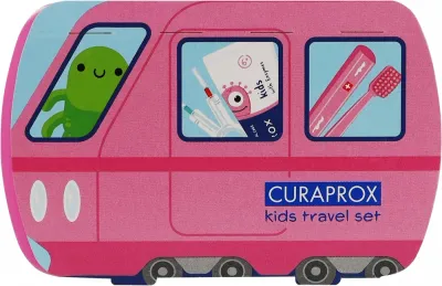 Дорожный набор Curaprox Kids для детей 6-12 лет зубная щетка паста 10 мл межзубные ершики и наклейки розовое