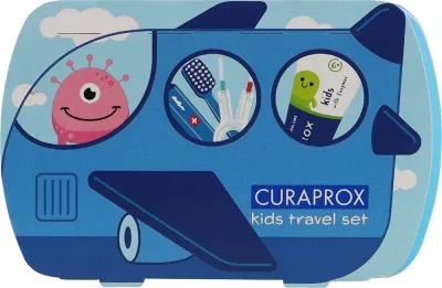 Дорожный набор Curaprox Kids для детей 6-12 лет зубная щетка паста 10 мл межзубные ершики и наклейки синее