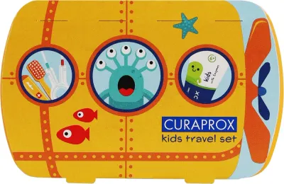 Дорожный набор Curaprox Kids для детей 6-12 лет зубная щетка паста 10 мл межзубные ершики и наклейки оранжевое