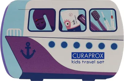 Дорожный набор Curaprox Kids для детей 6-12 лет зубная щетка паста 10 мл межзубные ершики и наклейки фиолетовое