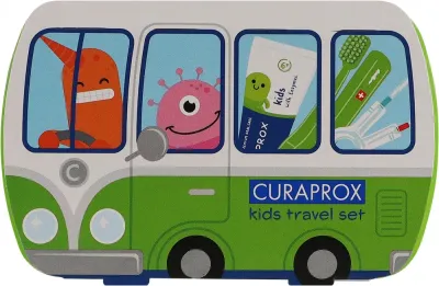 Дорожный набор Curaprox Kids для детей 6-12 лет зубная щетка паста 10 мл межзубные ершики и наклейки светло-зеленое