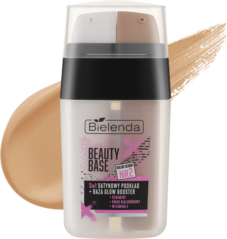 База под макияж Bielenda Beauty Base Satin Foundation + Glow Booster 2 в 1, с сатиновым финишем, 2 x 7,5 г, оттенок 02