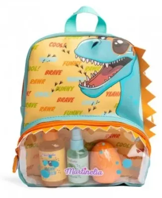 Детский набор Martinelia The Coolest Dino гель для душа 100 мл бомбочка для ванны 120 г и спрей для тела 50 мл в рюкзаке