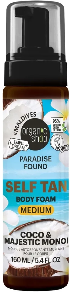 Пенка-автозагар для тела Organic Shop Paradise Found Self Tan Body Foam Medium с кокосом и монои, 160 мл