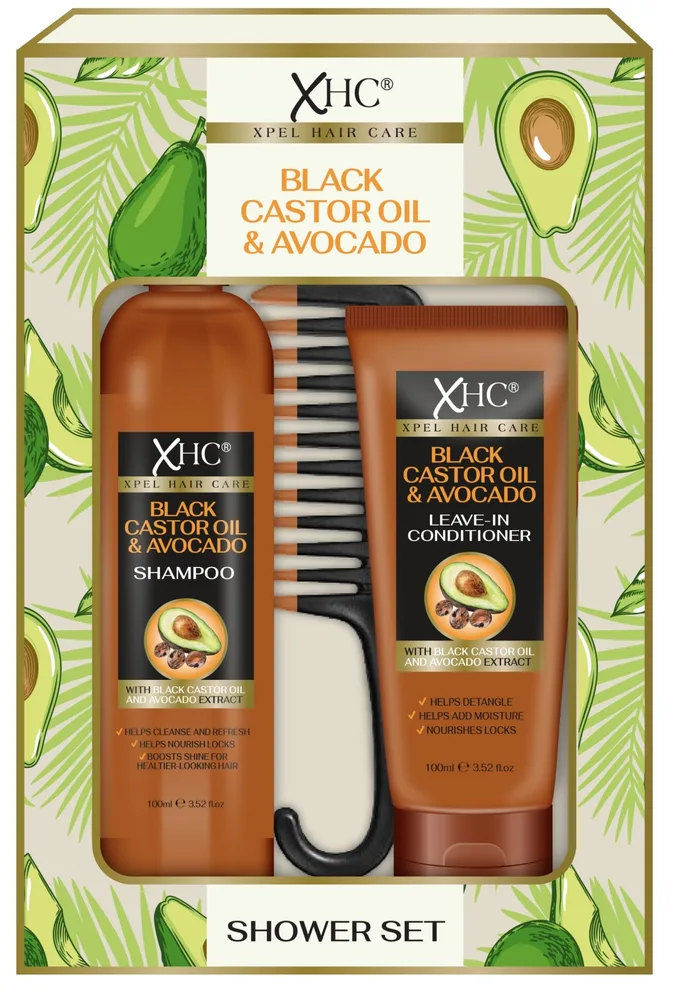 Xpel Marketing Ltd Xpel Marketing Ltd Xpel Hair Care Black Castor Oil & Avocado Shower Set (shm/100 мл + cond/100 мл + comb/1pc) - Набор Xpel Hair Care Black Castor Oil & Avocado шампунь 100 мл несмываемый кондиционер 100 мл и расческа