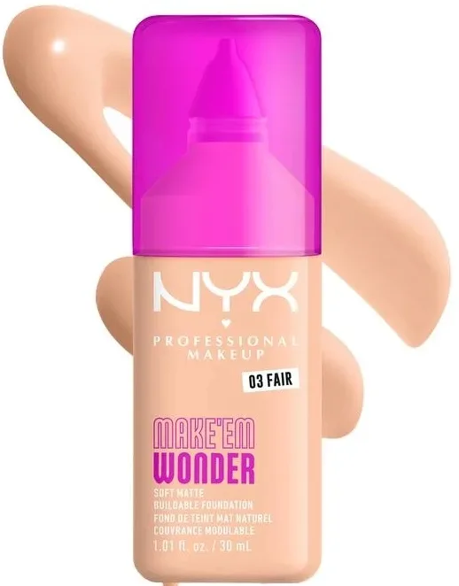NYX Professional Makeup Podkład do twarzy - Тональный флюид NYX Professional Make Em Wonder Soft Matte матирующий стойкий, 30 мл, оттенок 03 - Fair
