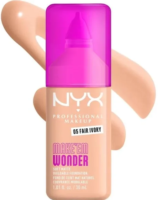 NYX Professional Makeup Podkład do twarzy - Тональный флюид NYX Professional Make Em Wonder Soft Matte матирующий стойкий, 30 мл, оттенок 05 - Fair Ivory