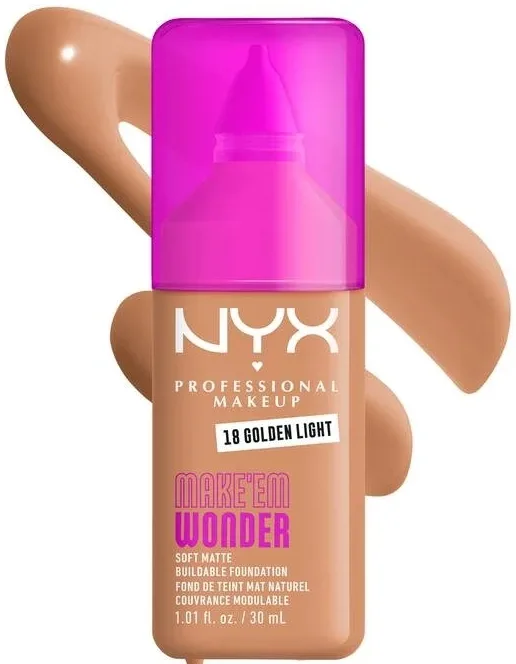 NYX Professional Makeup Podkład do twarzy - Тональный флюид NYX Professional Make Em Wonder Soft Matte матирующий стойкий, 30 мл, оттенок 18 - Golden Light