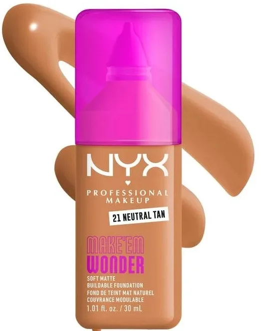NYX Professional Makeup Podkład do twarzy - Тональный флюид NYX Professional Make Em Wonder Soft Matte матирующий стойкий, 30 мл, оттенок 21 - Neutral Tan