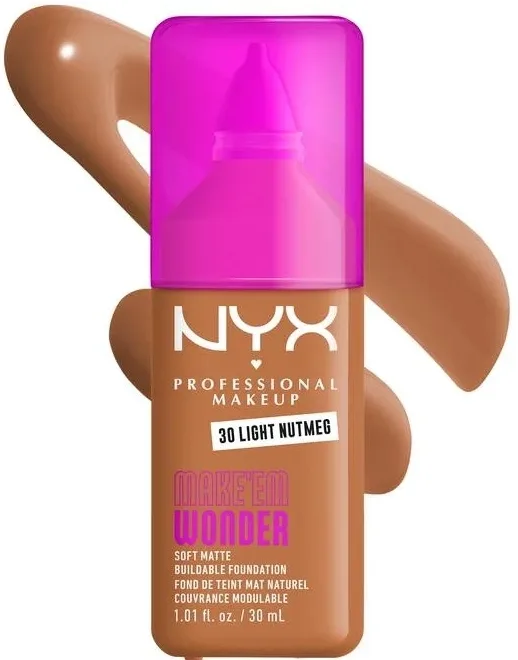NYX Professional Makeup Podkład do twarzy - Тональный флюид NYX Professional Make Em Wonder Soft Matte матирующий стойкий, 30 мл, оттенок 30 - Light Nutmeg